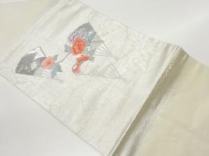 プラチナ箔　扇に花・鴛鴦模様刺繍名古屋帯